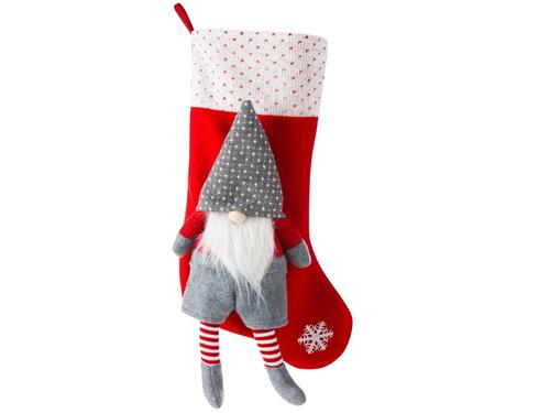 Vianočná dekorácia - Červená ponožka s 3D šedým škriatkom, 50 cm